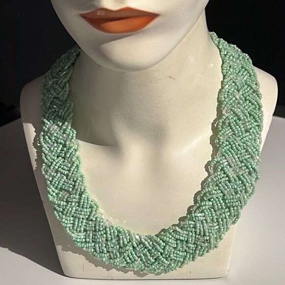 Elegant Mint Green and Clear Multi-Strand Pill Bead Necklace - 17 Inches - Picture 7 of 14